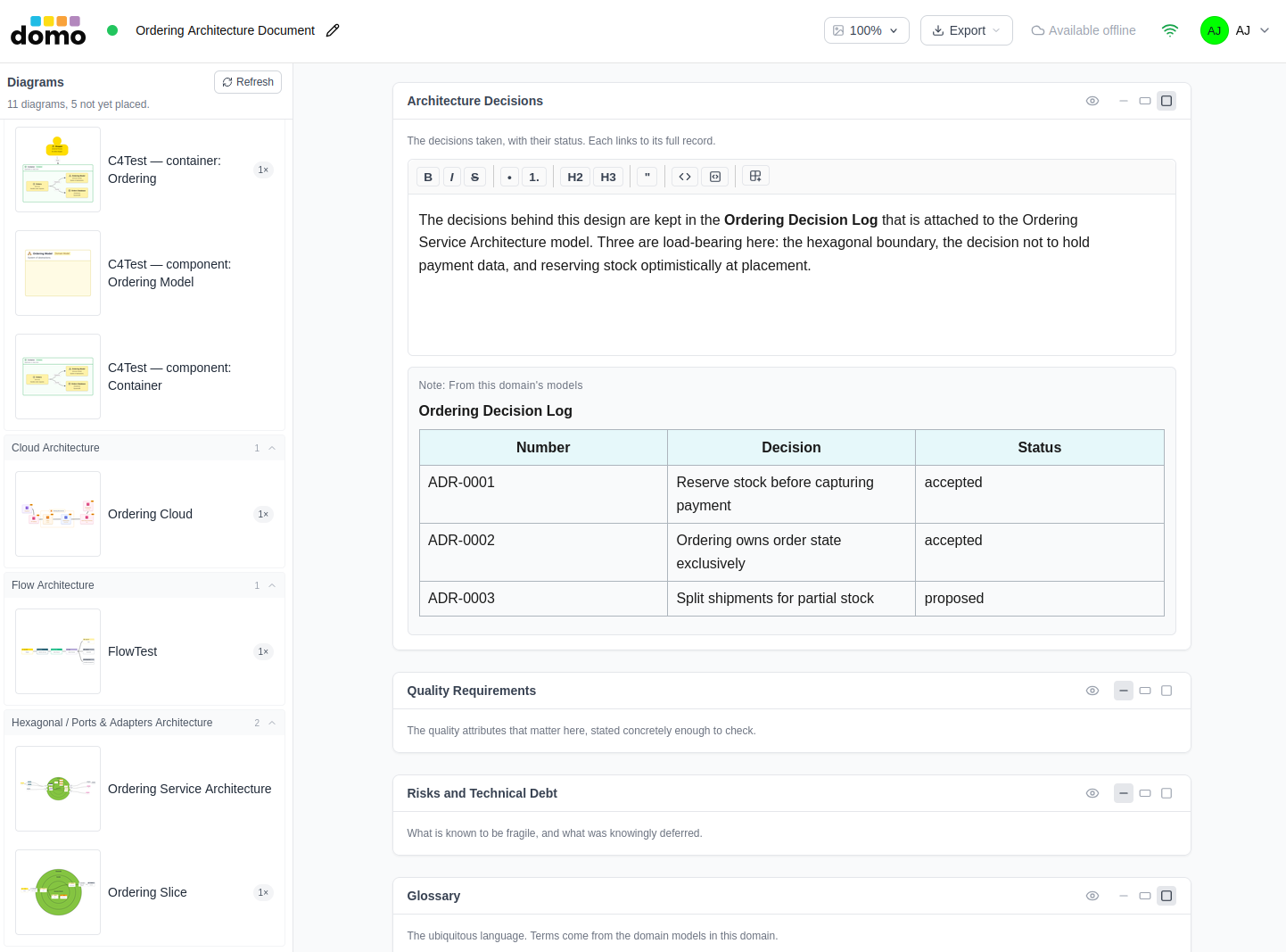 The ADRs logged in a model are embedded in the Architecture Decisions section.