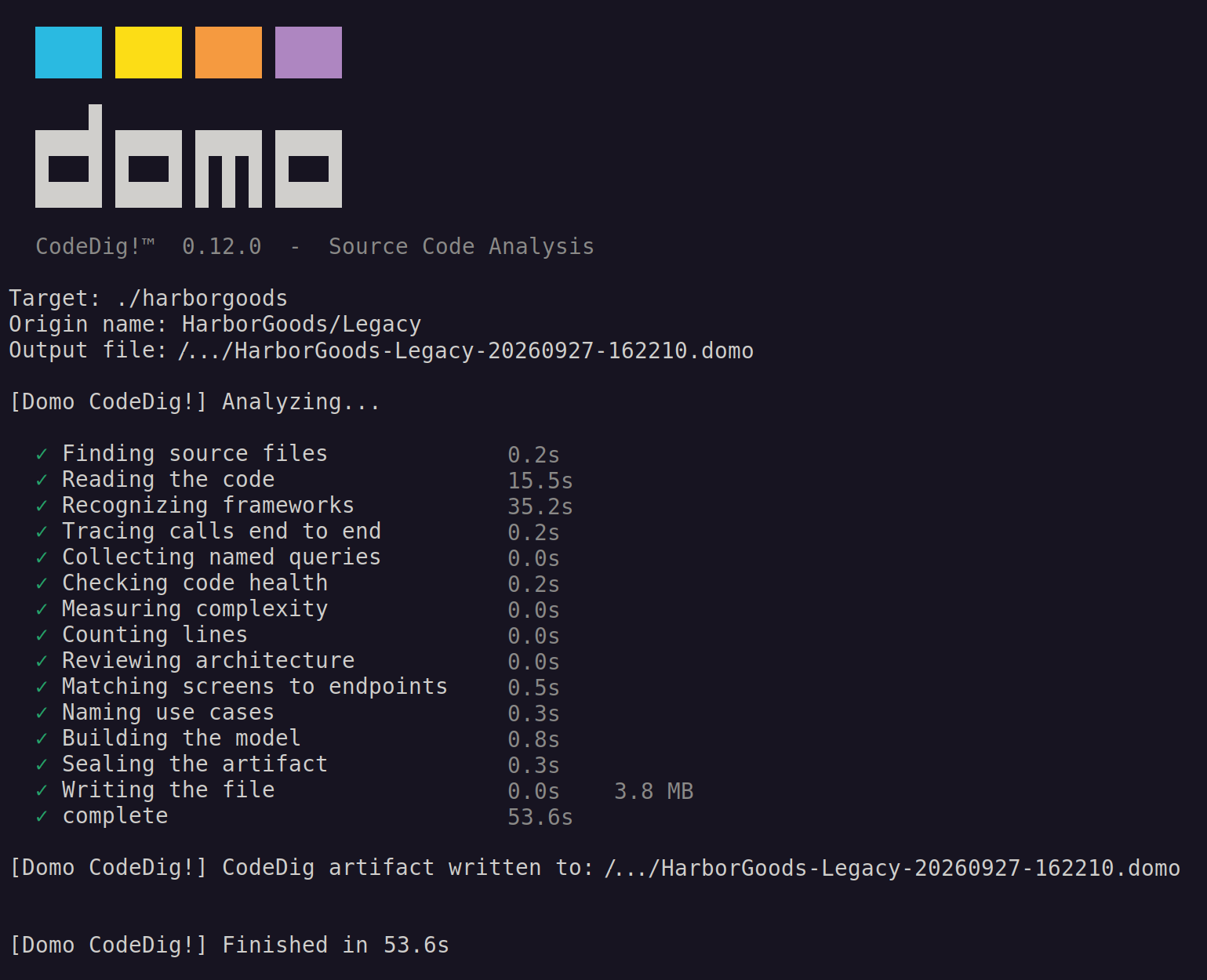 The CodeDig! CLI following a legacy system analysis.