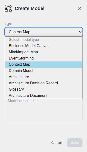 The Create Model dialog, with the model type dropdown open.