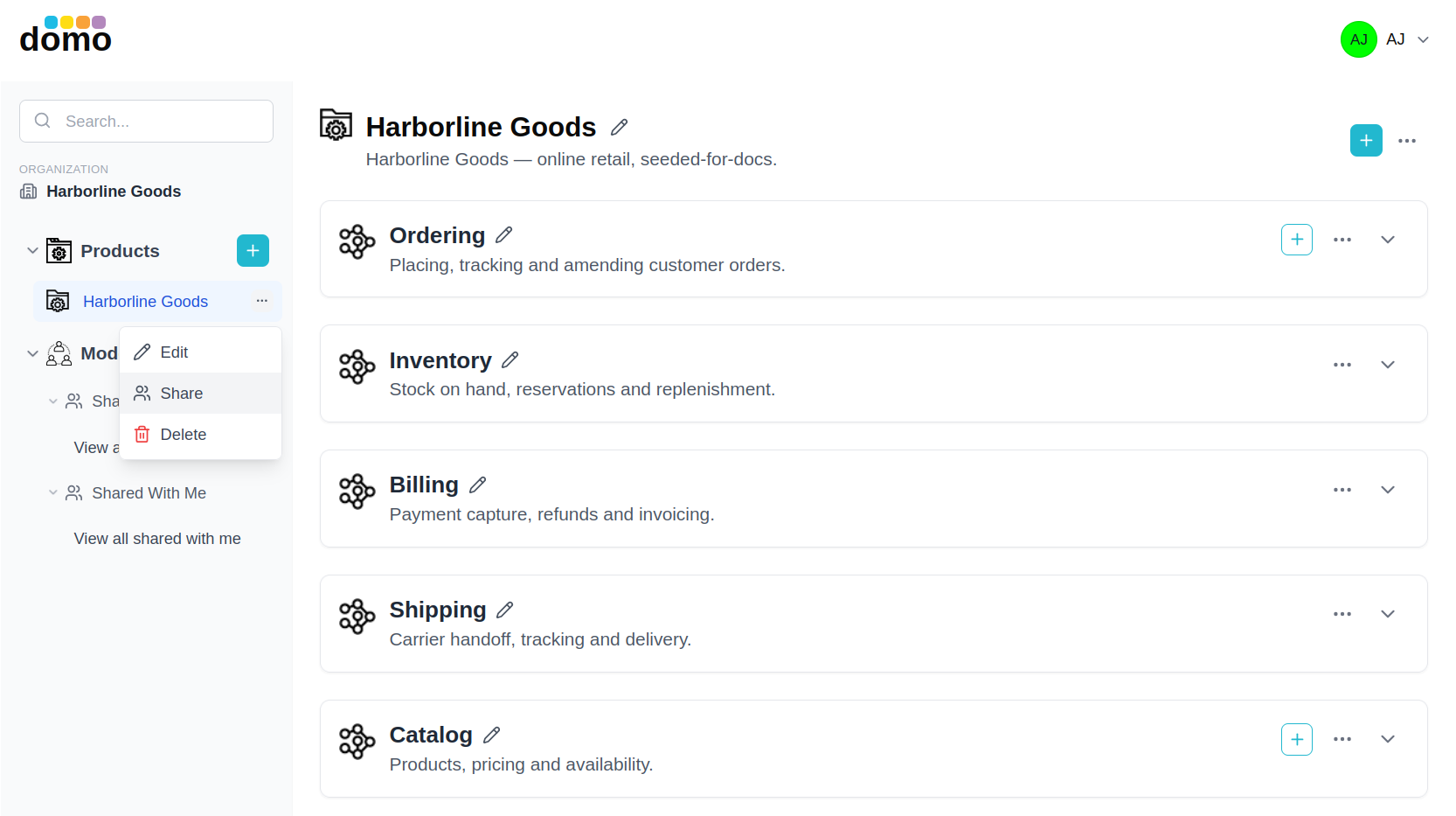 The dashboard sidebar with the Products list expanded and a product's ⋯ menu open.