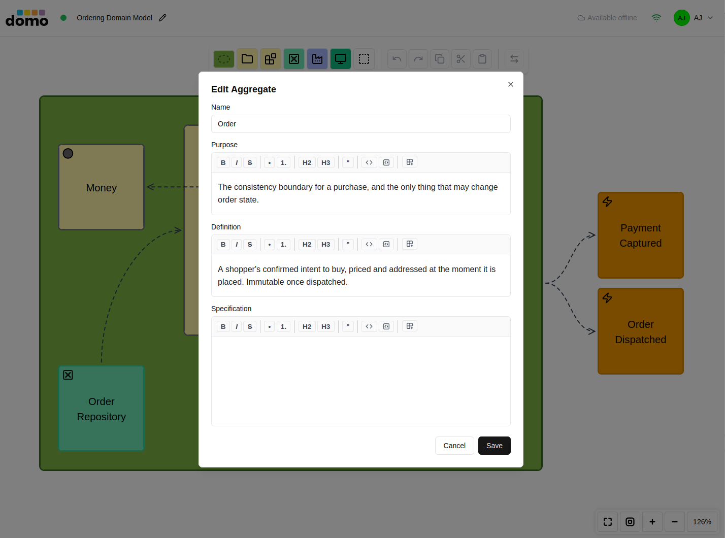 The element properties dialog with the Name, Purpose, Definition, and Specifications fields.