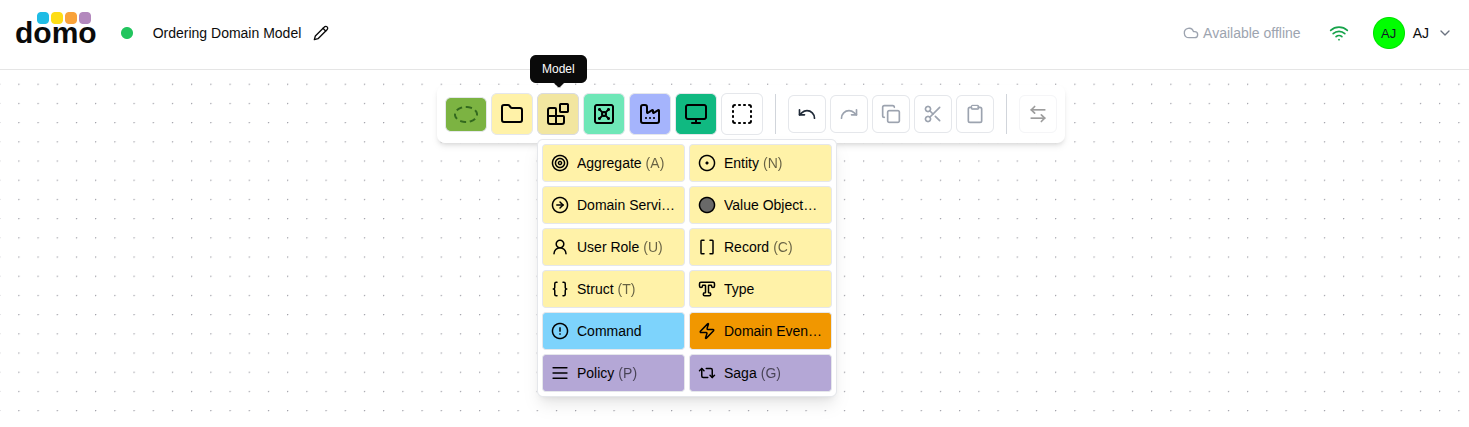 The Domain Model toolbar with the two-column Model dropdown open.