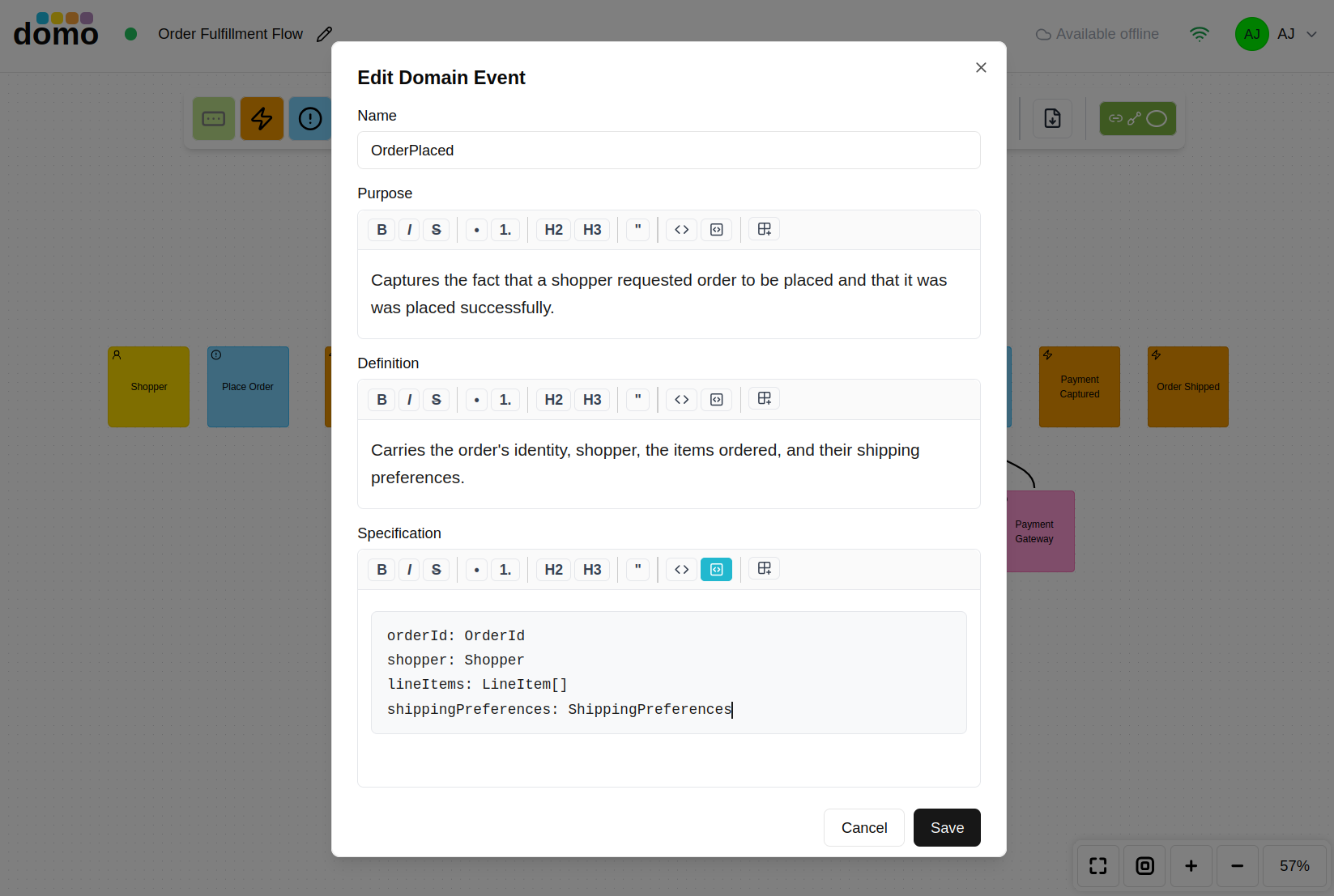 The element properties dialog with the Name, Purpose, Definition, and Specifications fields.