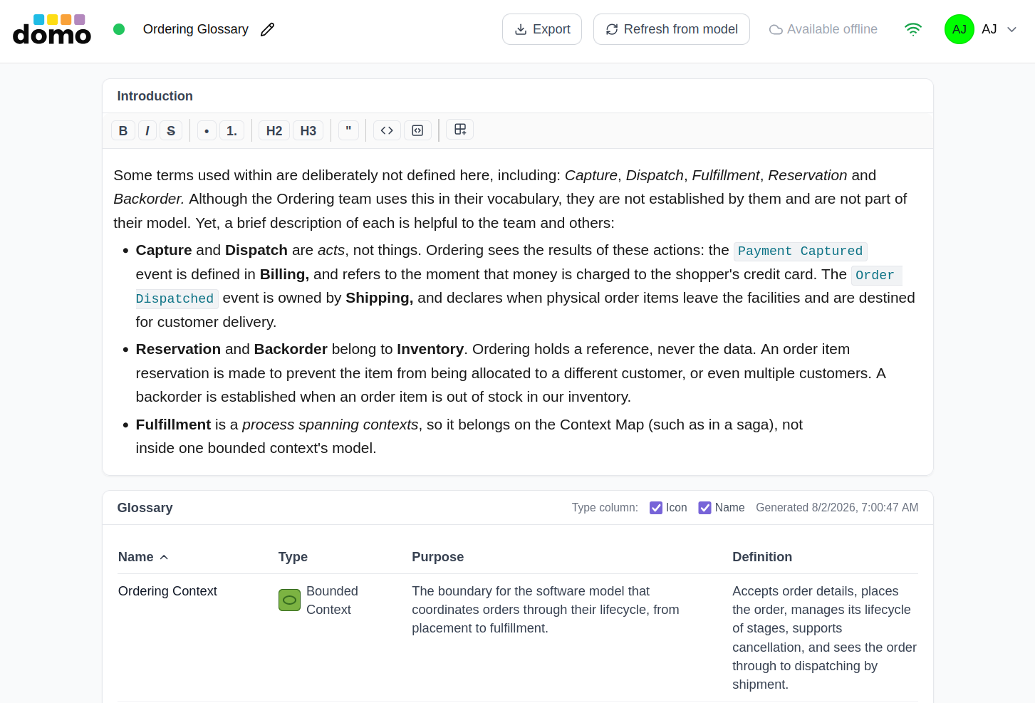 The Glossary editor with an introduction above the generated term definitions table.