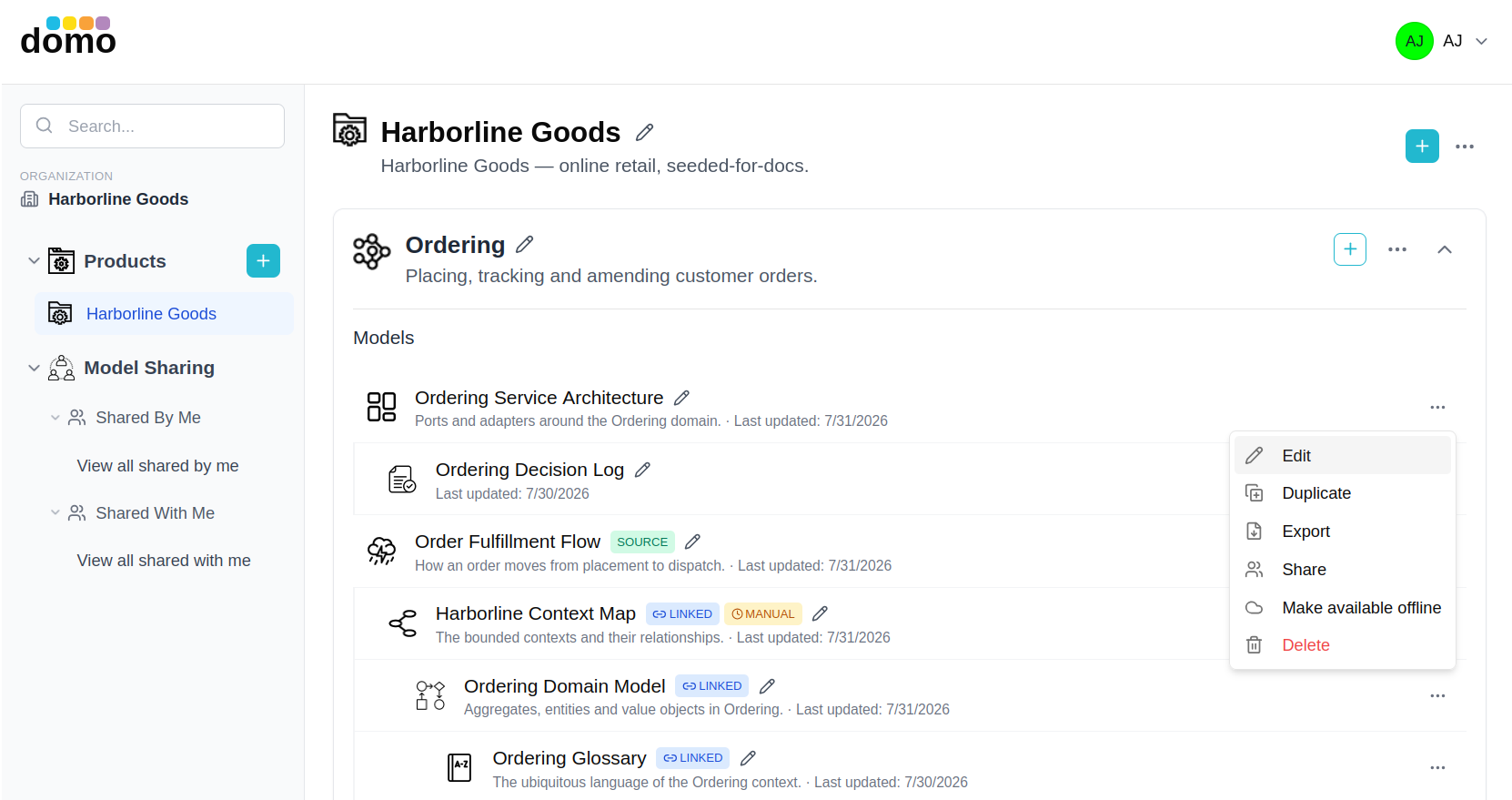 The dashboard showing a Context Map nested under the EventStorming model it came from.