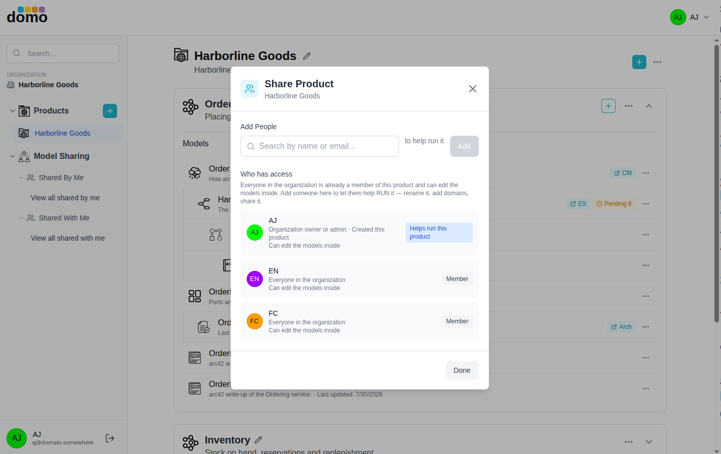 The Share dialog for a product, with the owner and two additional team members.