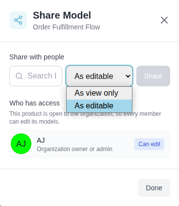 The Share dialog for a model, showing the person picker and the access level dropdown.