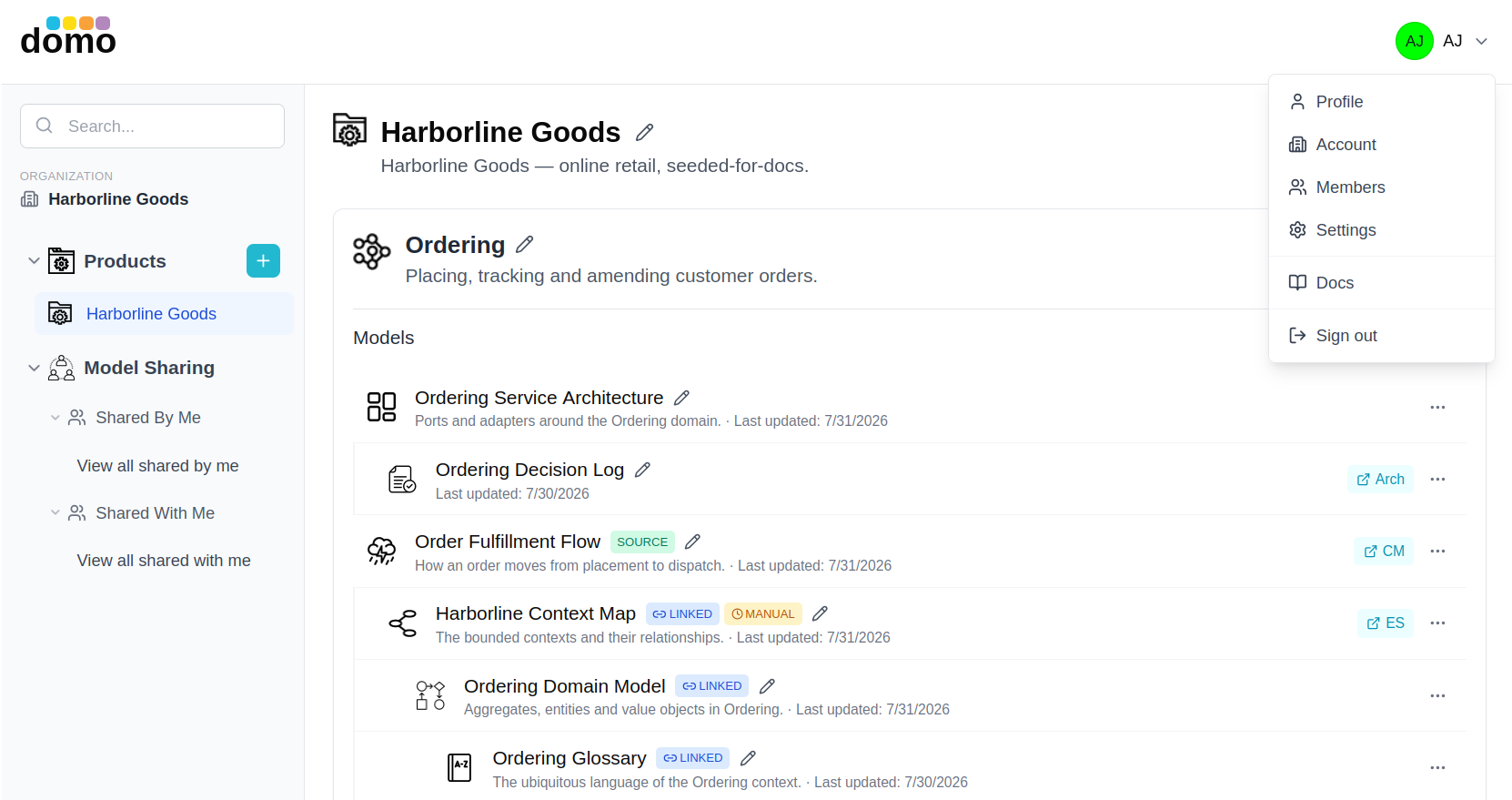 The user menu open in the dashboard header, with Docs listed above Sign out.